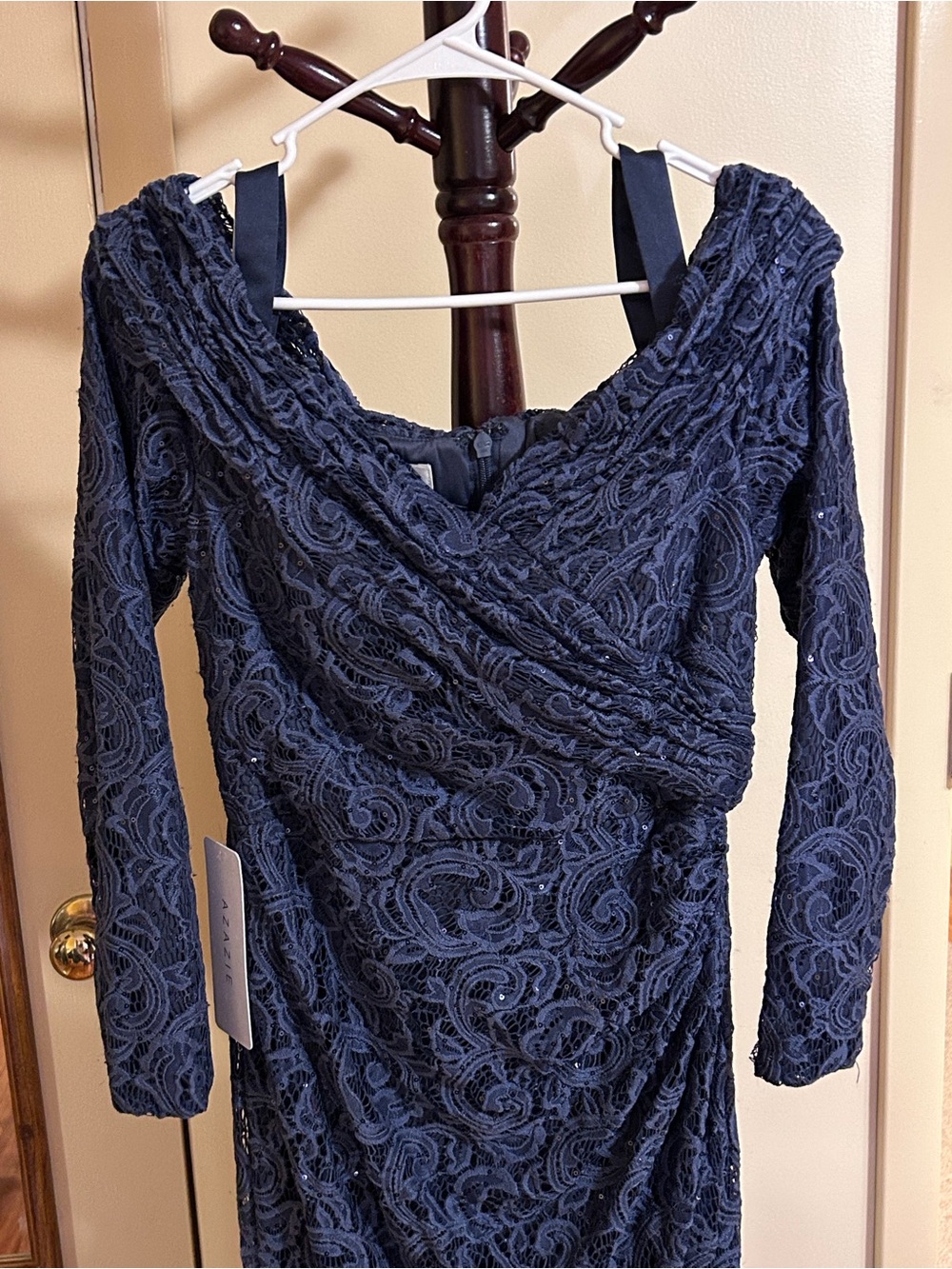 Azazie Indra Long Sleeve Formal Off-Shoulder Sequin Gown - Stormy Blue - Picture 3 of 9